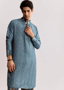 Blue Linen Kurta Set With Ajrakh Print