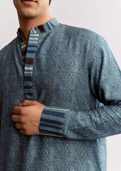 Blue Linen Kurta Set With Ajrakh Print