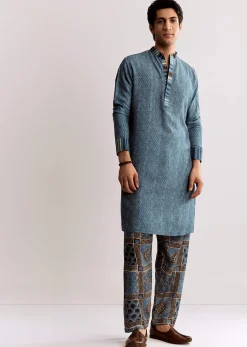 Blue Linen Kurta Set With Ajrakh Print