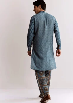 Blue Linen Kurta Set With Ajrakh Print