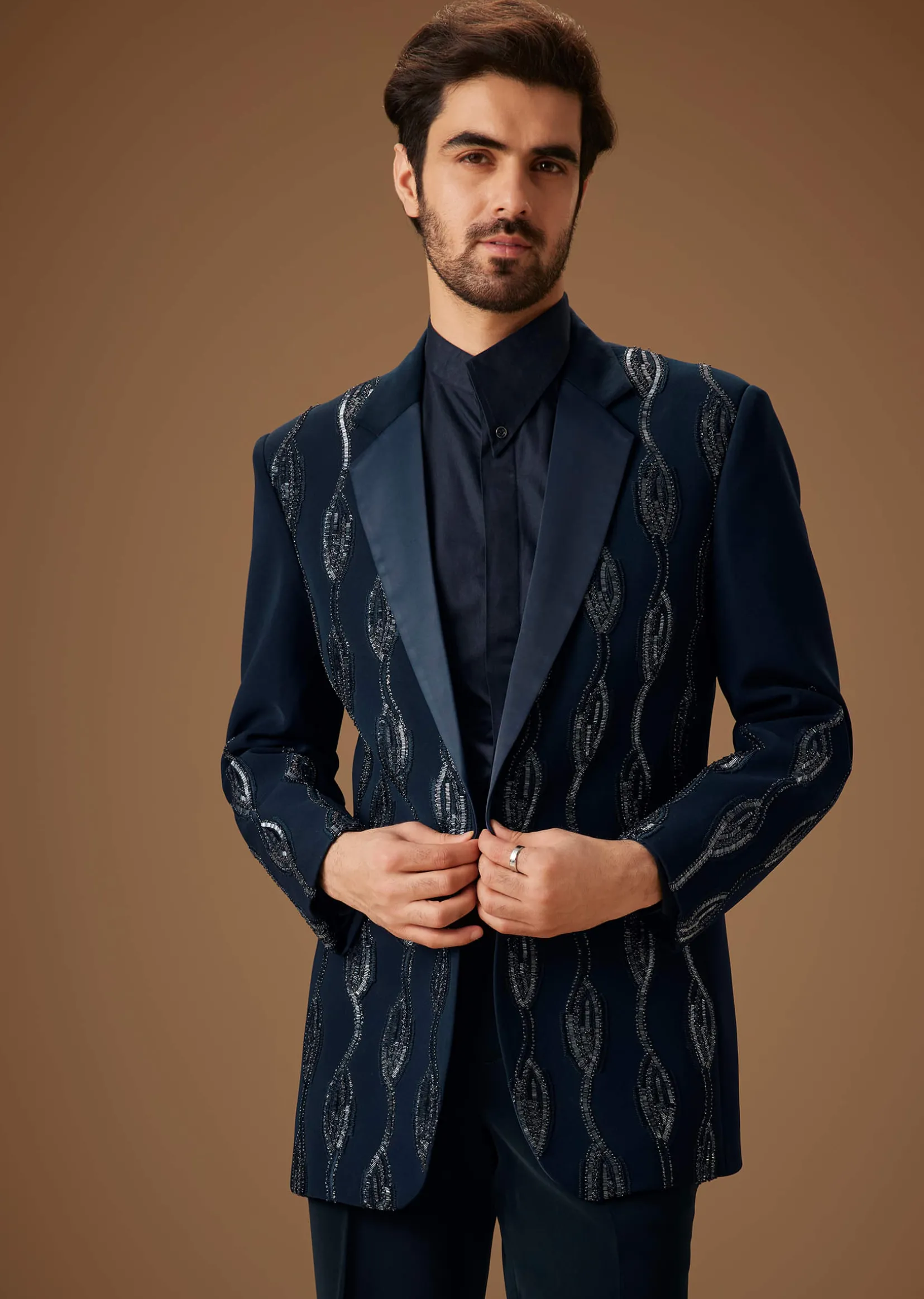 Blue Linen Tuxedo With Hand Embroidery