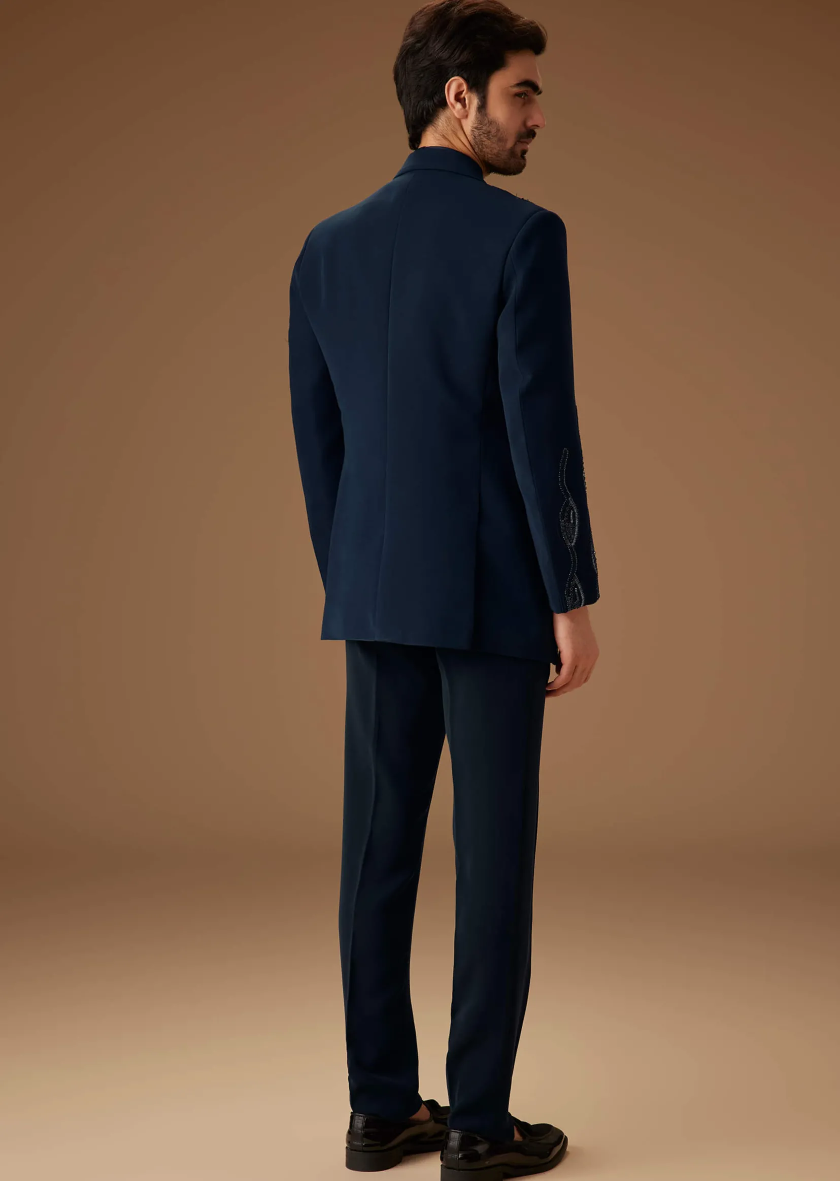 Blue Linen Tuxedo With Hand Embroidery