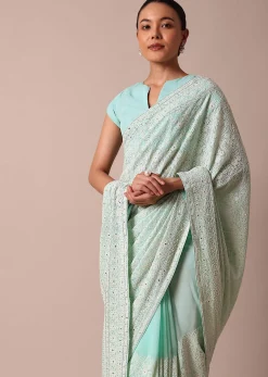 Blue Lucknowi Chikankari Saree With Sequin Work And Unstitched Blouse Piece