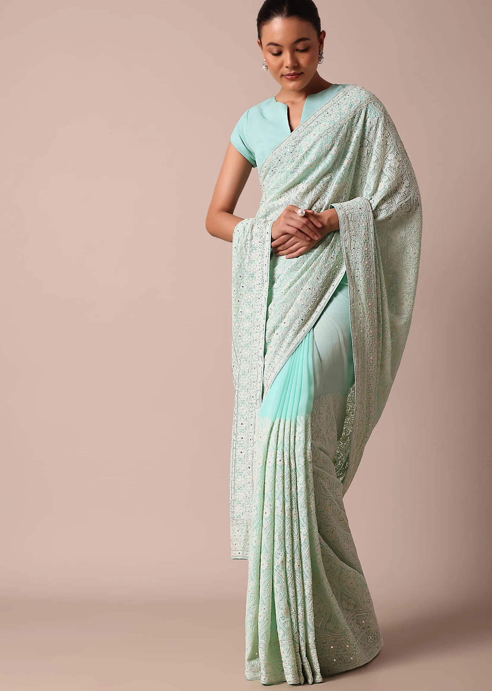 Blue Lucknowi Chikankari Saree With Sequin Work And Unstitched Blouse Piece