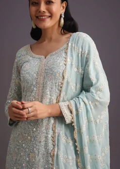 Blue Lucknowi Kurta Set With Resham Work Dupatta