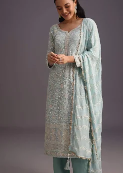 Blue Lucknowi Kurta Set With Resham Work Dupatta
