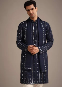 Blue Mirror Embellished Kurta Set With Dupatta