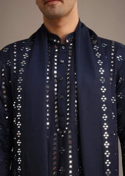 Blue Mirror Embellished Kurta Set With Dupatta