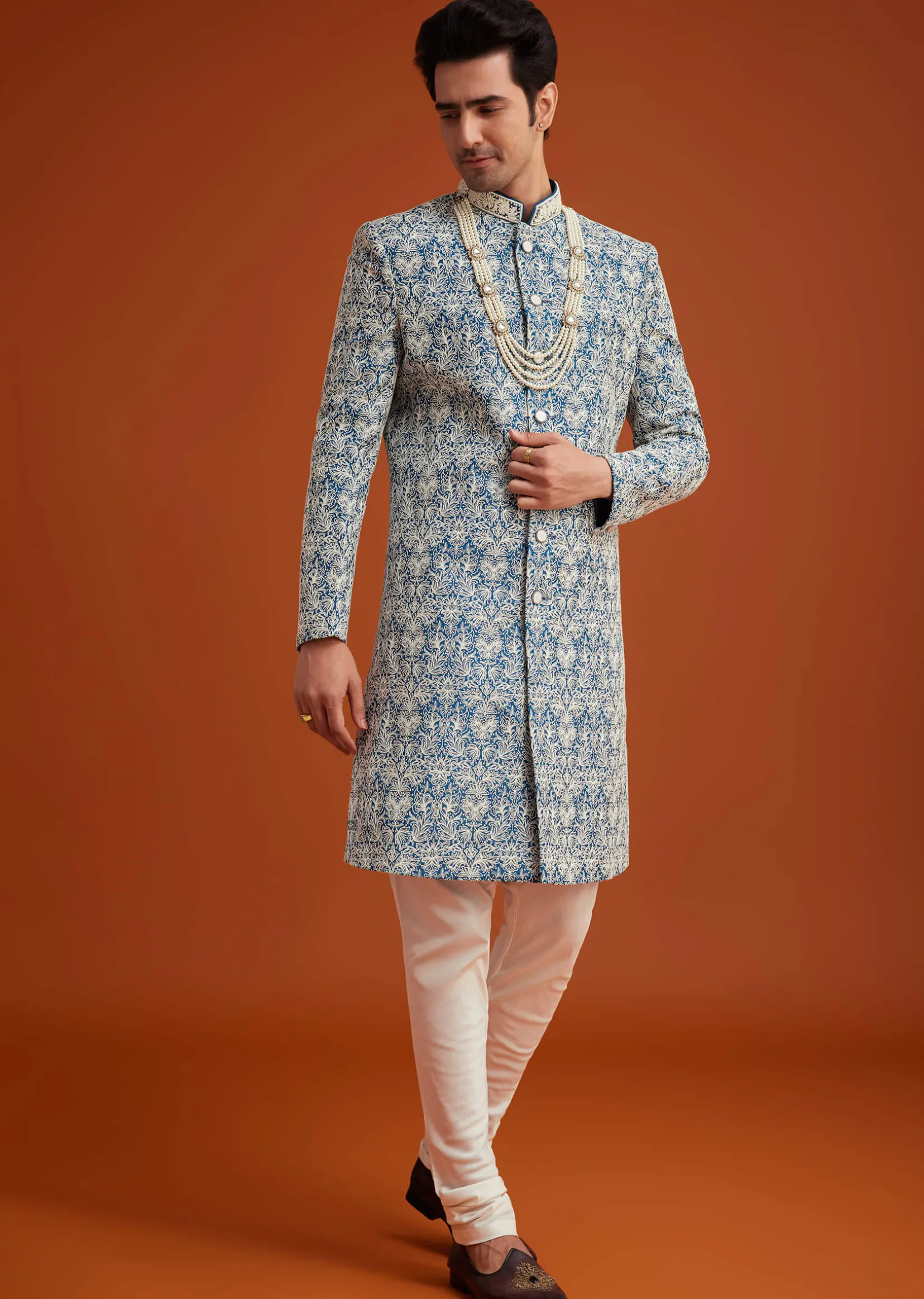 Blue Monga Silk Sherwani With Embroidery And Beadwork