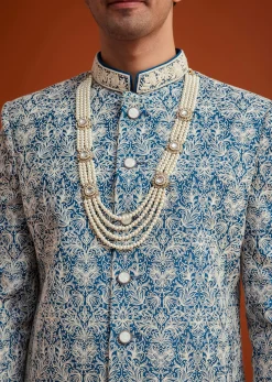 Blue Monga Silk Sherwani With Embroidery And Beadwork