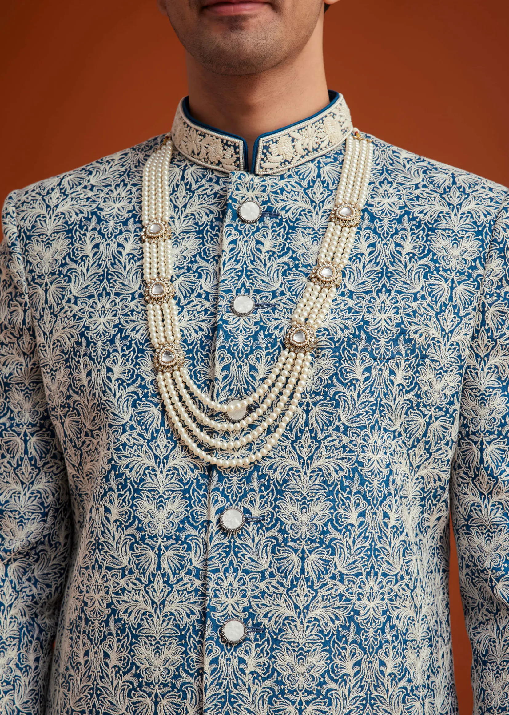 Blue Monga Silk Sherwani With Embroidery And Beadwork