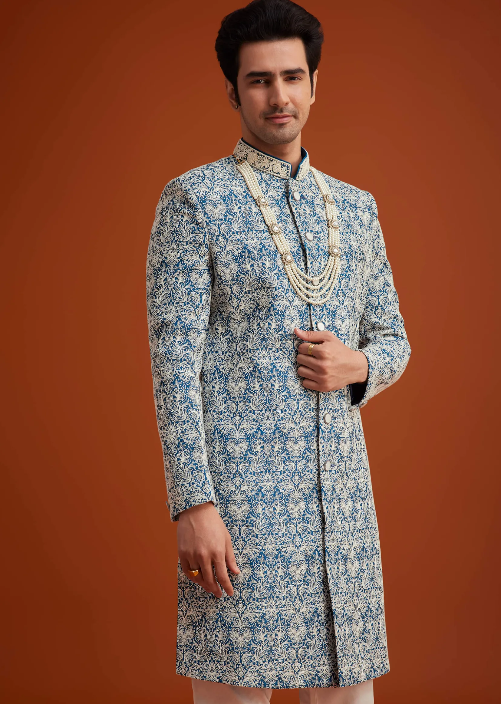 Blue Monga Silk Sherwani With Embroidery And Beadwork