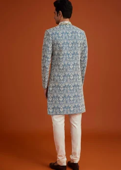 Blue Monga Silk Sherwani With Embroidery And Beadwork
