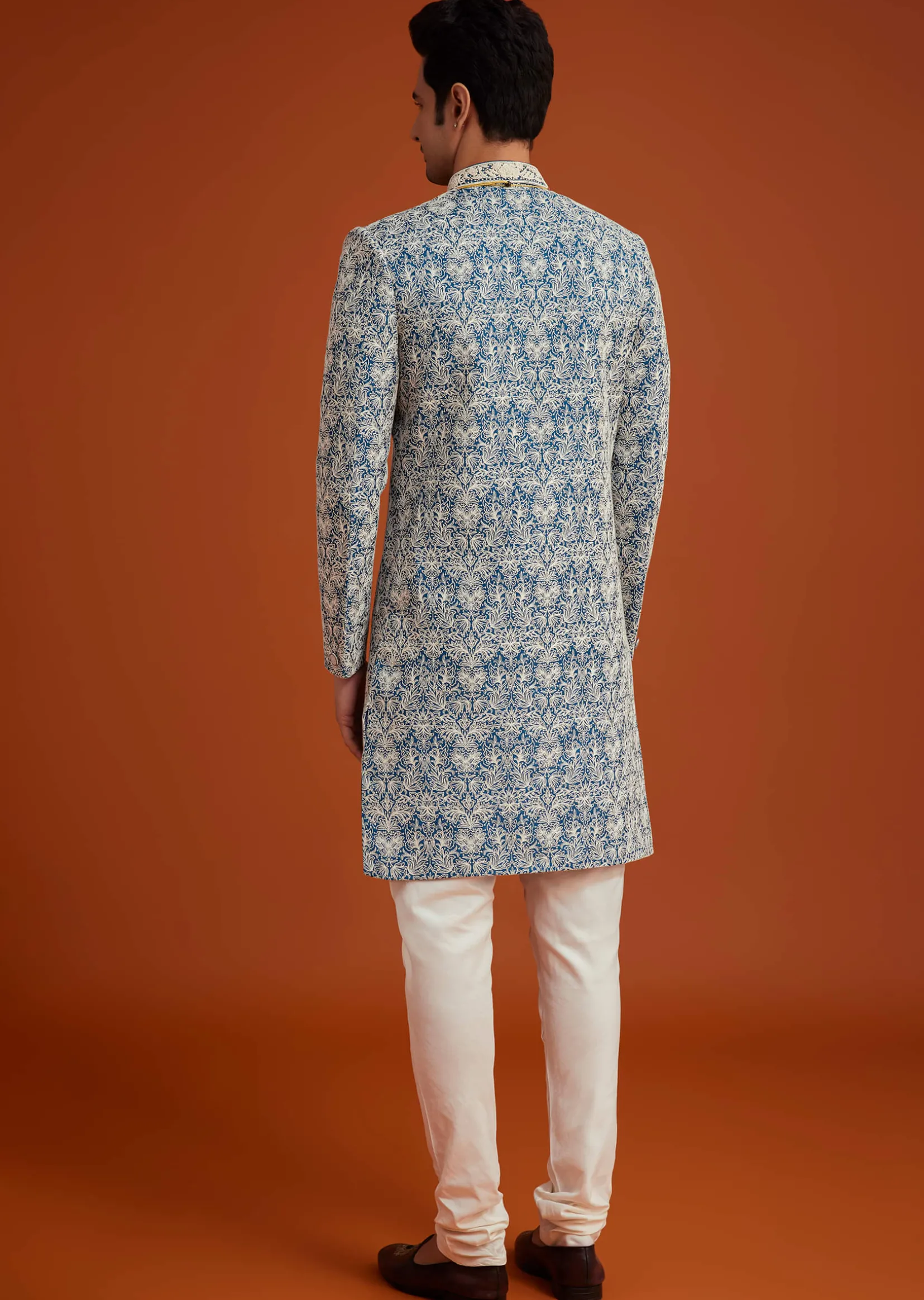 Blue Monga Silk Sherwani With Embroidery And Beadwork