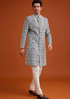 Blue Monga Silk Sherwani Set With Embroidery And Bead Work