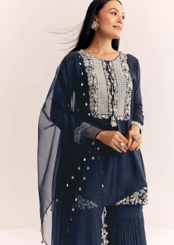 Blue Moti Threadwork Dola Silk Sharara Suit With Organza Dupatta