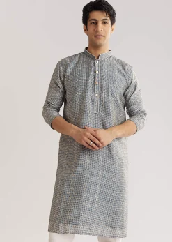 Blue Muslin Kurta Set With Mandarin Collar