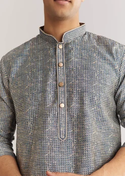 Blue Muslin Kurta Set With Mandarin Collar