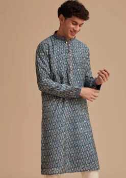 Blue Muslin Mughal Printed Kurta Set