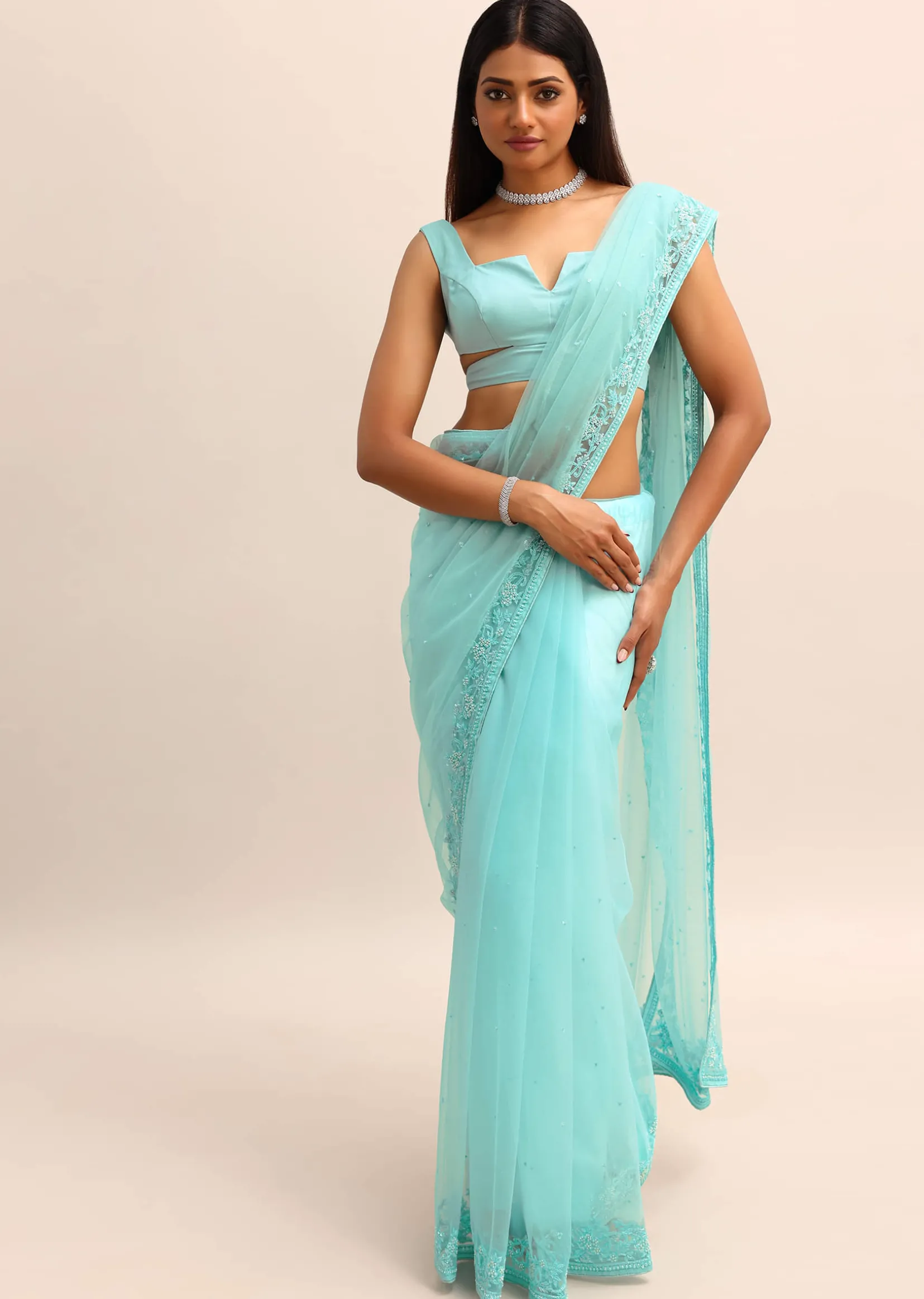 Blue Net Cutdana Saree With Beads Embroidered Border And Unstitched Blouse