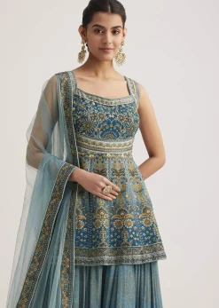 Blue Ombre Crepe Kurta Palazzo Set With Embellished Net Dupatta