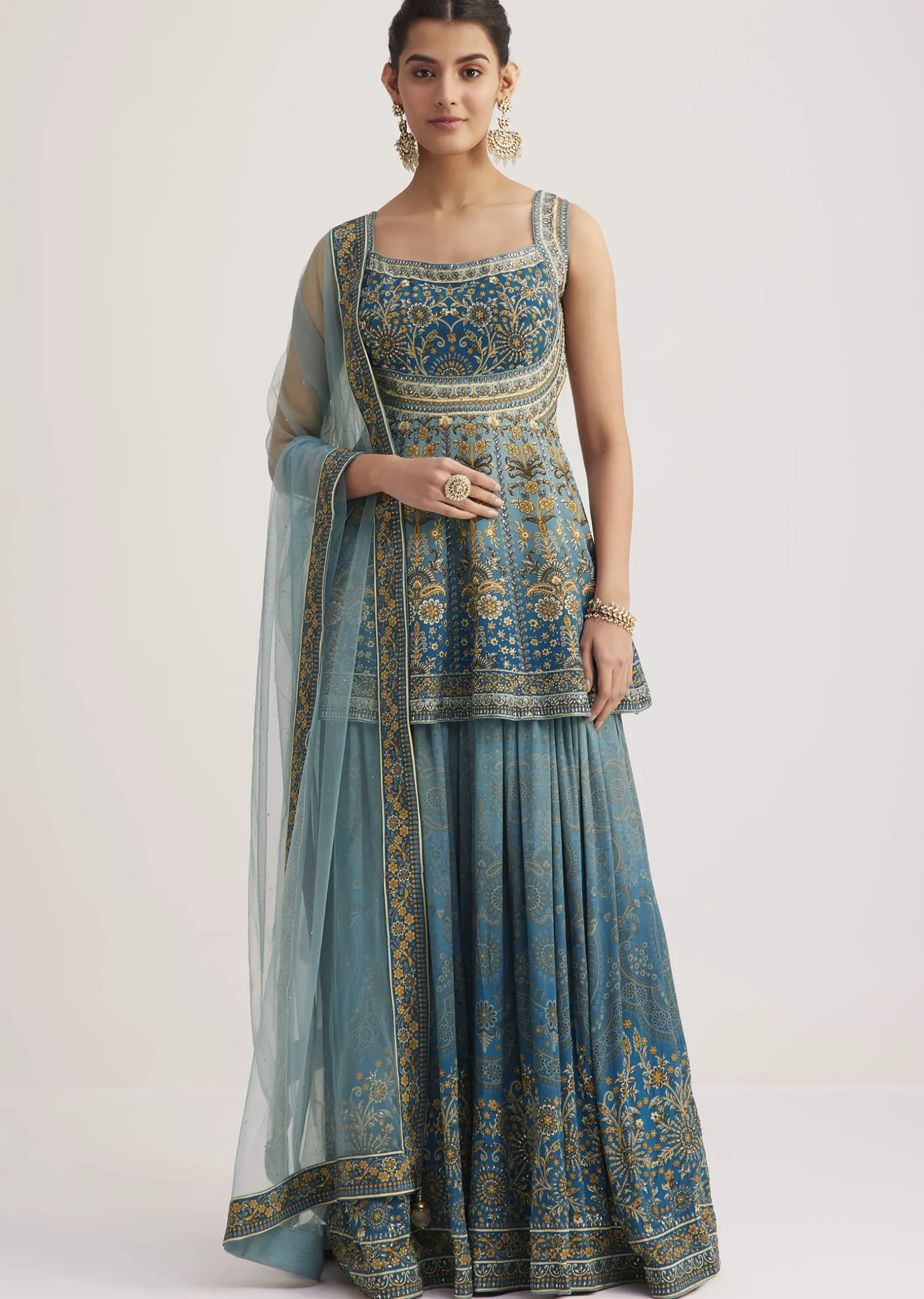 Blue Ombre Crepe Kurta Palazzo Set With Embellished Net Dupatta