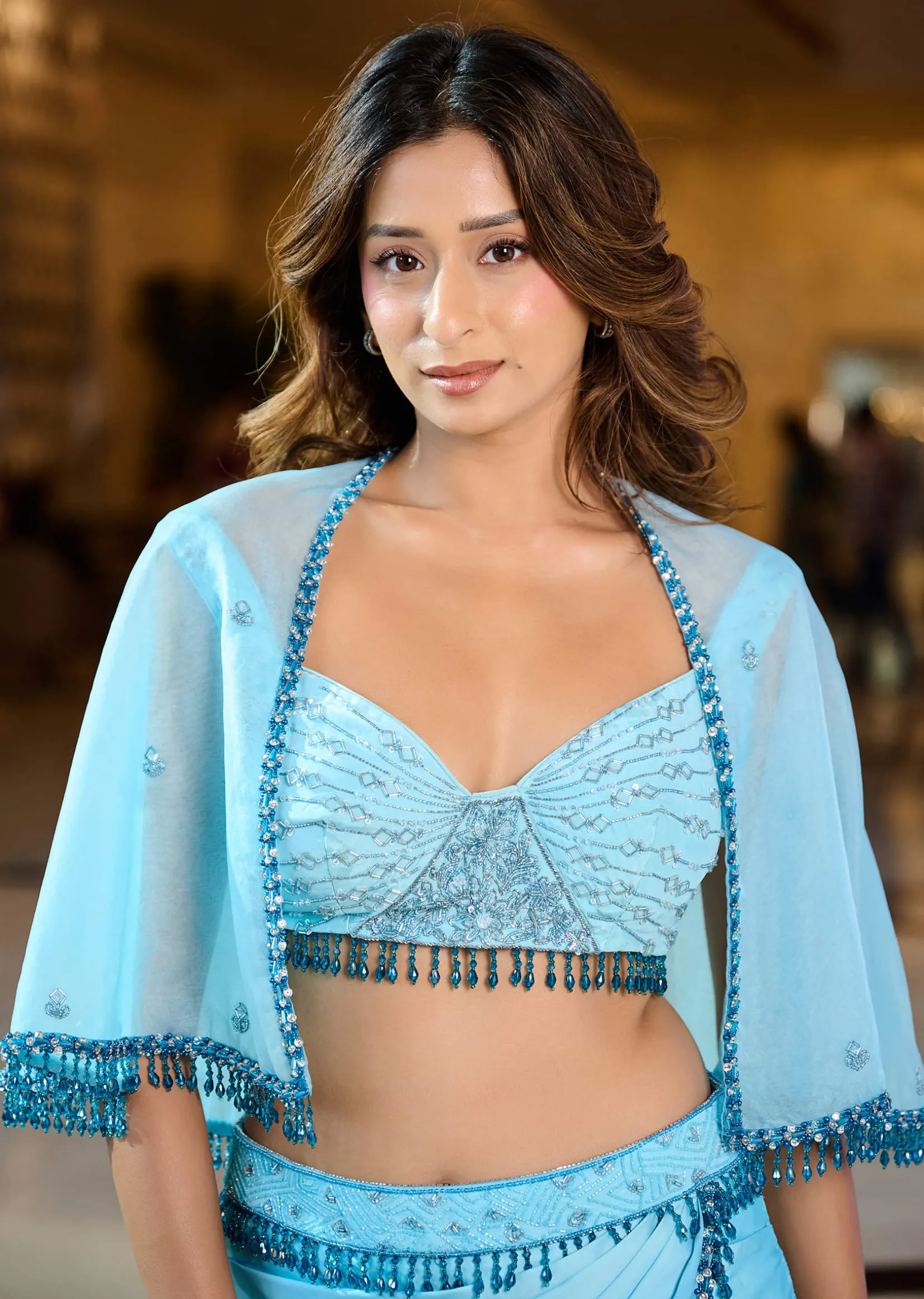 Blue Ombre Draped Skirt With Blouse And Tassel Lace Cape