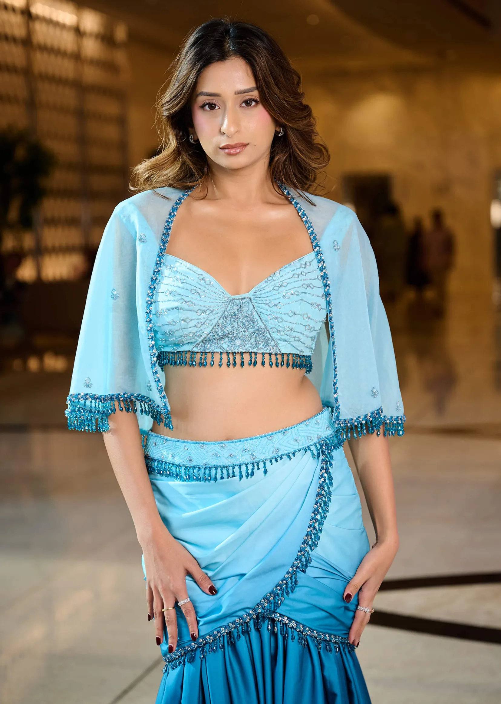 Blue Ombre Draped Skirt With Blouse And Tassel Lace Cape