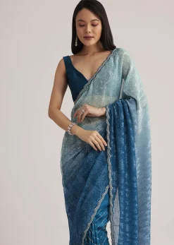 Blue Ombre Half And Half Sequins Saree