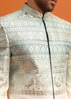 Blue Ombre Indowestern Set With Foil Work For Men