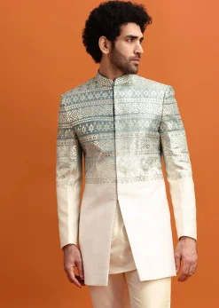 Blue Ombre Indowestern Set With Foil Work For Men