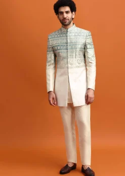 Blue Ombre Indowestern Set With Foil Work For Men