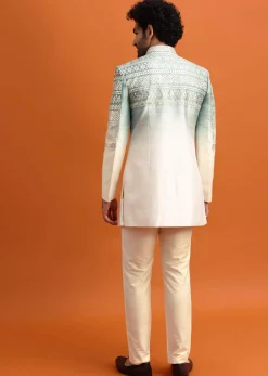 Blue Ombre Indowestern Set With Foil Work For Men
