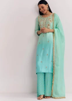 Blue Ombre Kurta Palazzo Suit With Zardosi And Sequins Work