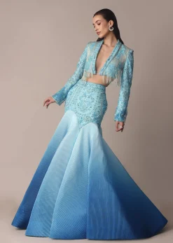 Blue Ombre Organza Fishcut Skirt With Tassel Short Jacket