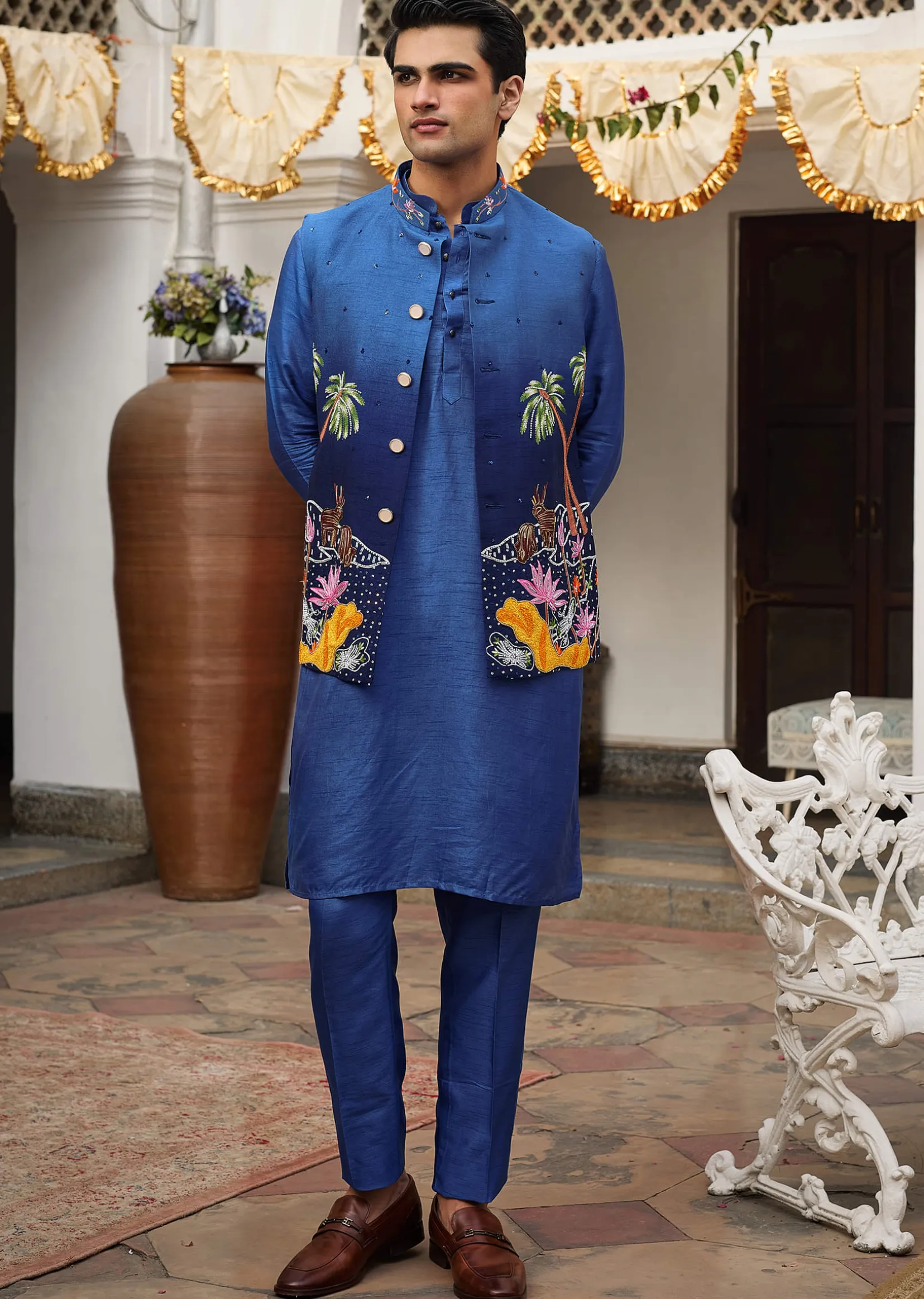 Blue Ombre Silk Jacket Set With Artistic Detailing