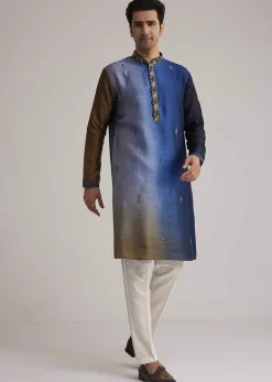 Blue Ombre Silk Kurta Set With Mirror Embellishments