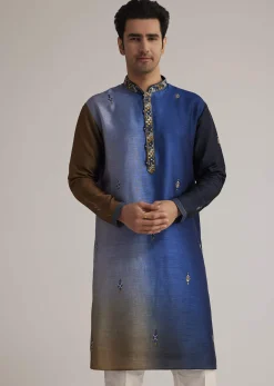Blue Ombre Silk Kurta Set With Mirror Embellishments
