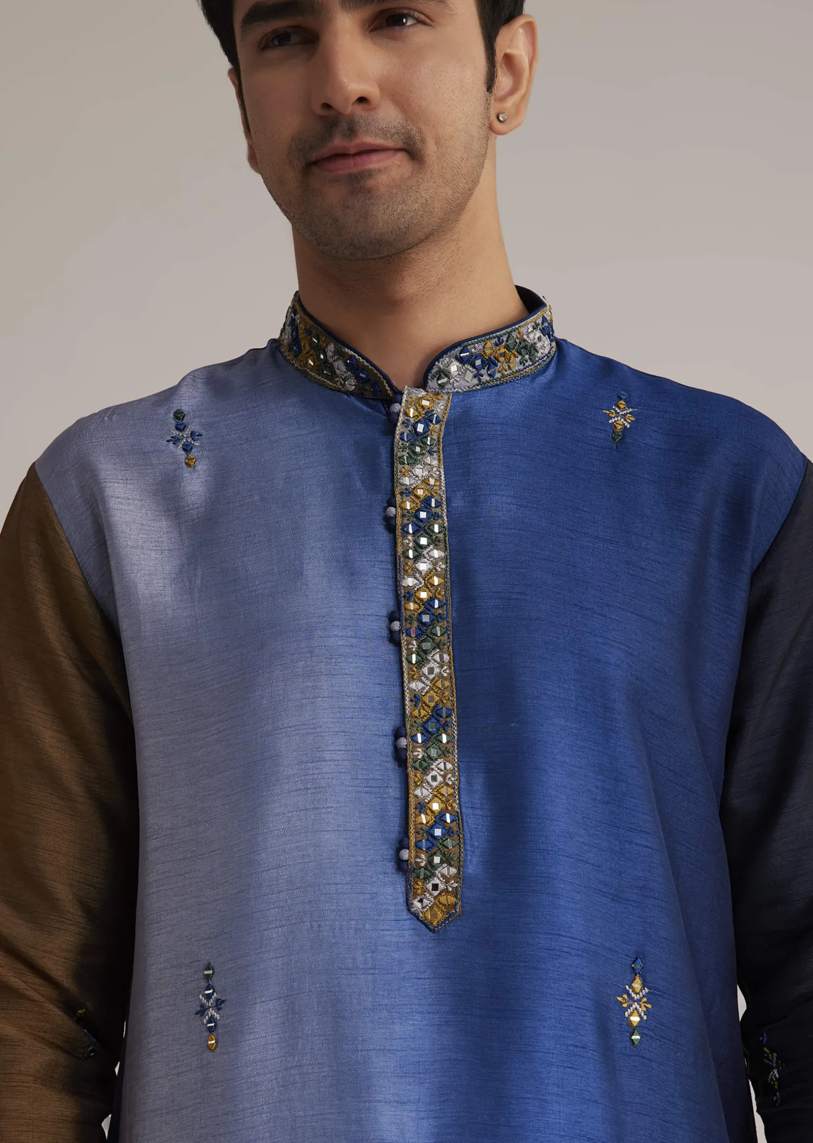 Blue Ombre Silk Kurta Set With Mirror Embellishments