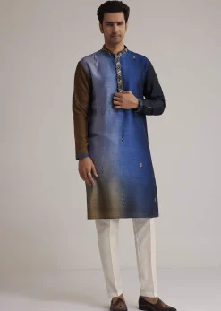 Blue Ombre Silk Kurta Set With Mirror Embellishments