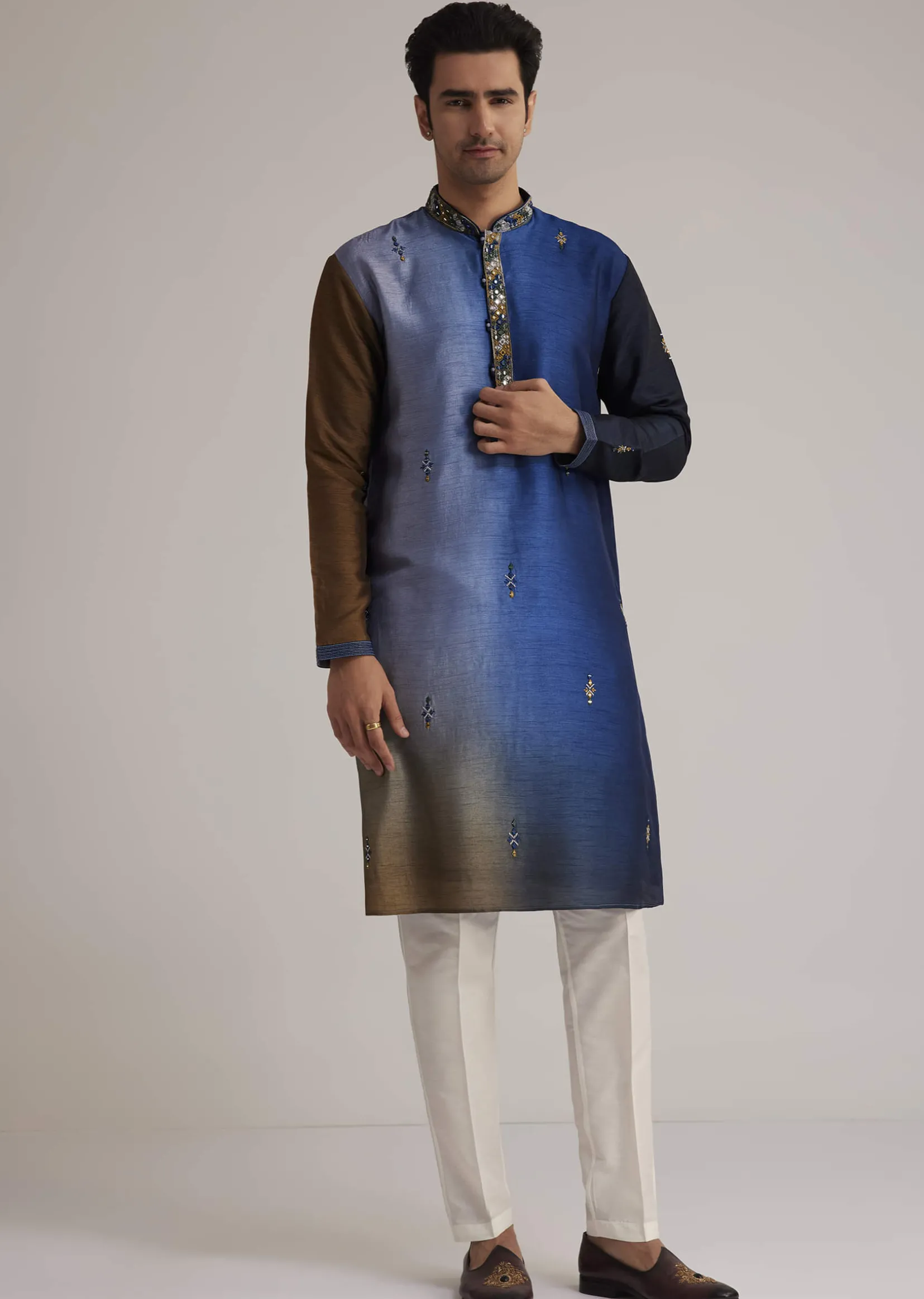 Blue Ombre Silk Kurta Set With Mirror Embellishments