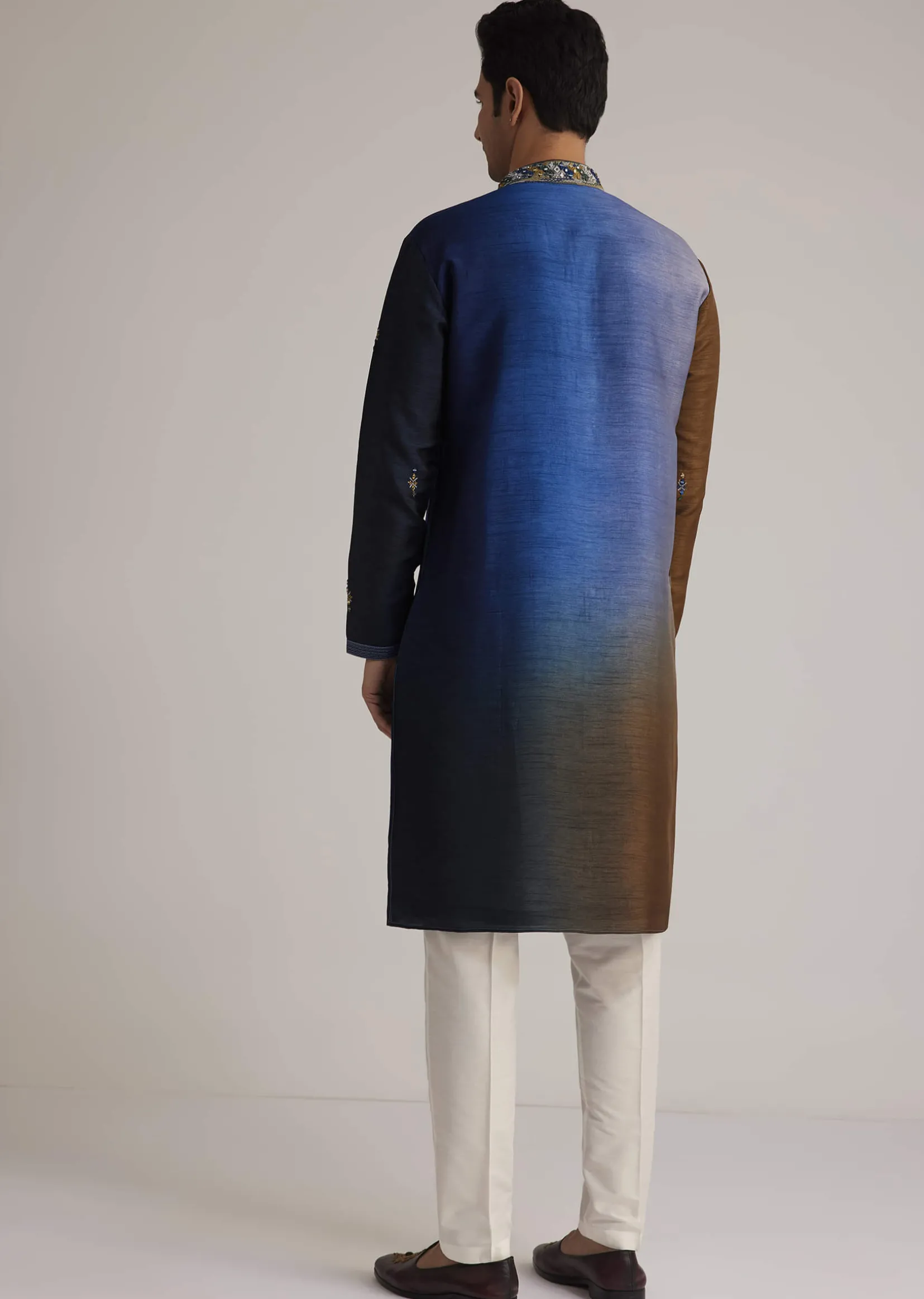 Blue Ombre Silk Kurta Set With Mirror Embellishments