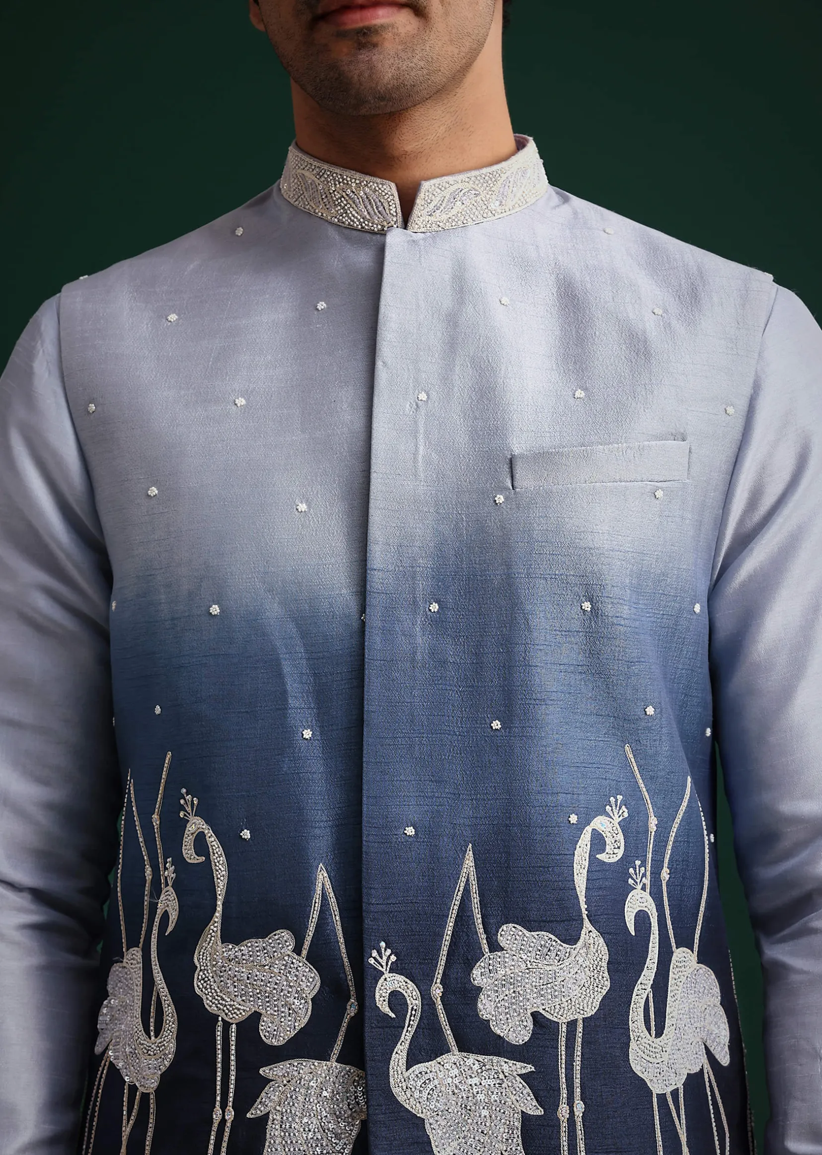 Blue Ombre Zardosi Work Jacket Set With Flamingo Motifs