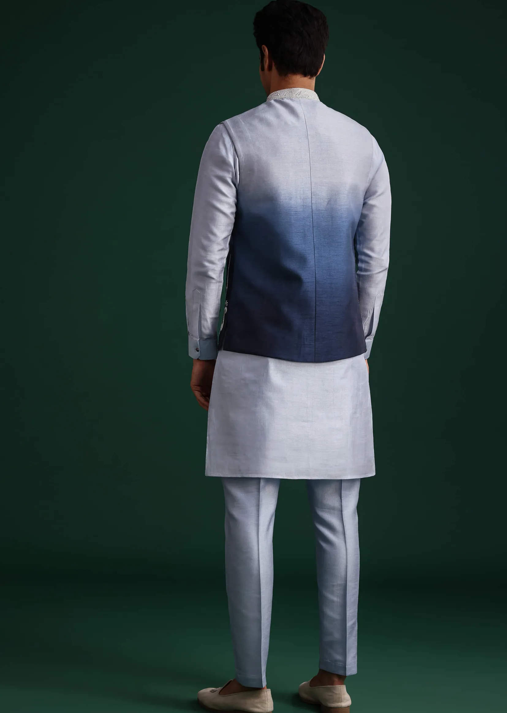 Blue Ombre Zardosi Work Jacket Set With Flamingo Motifs
