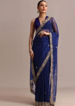 Blue Organza Cutdana Embroidered Saree With Unstitched Blouse