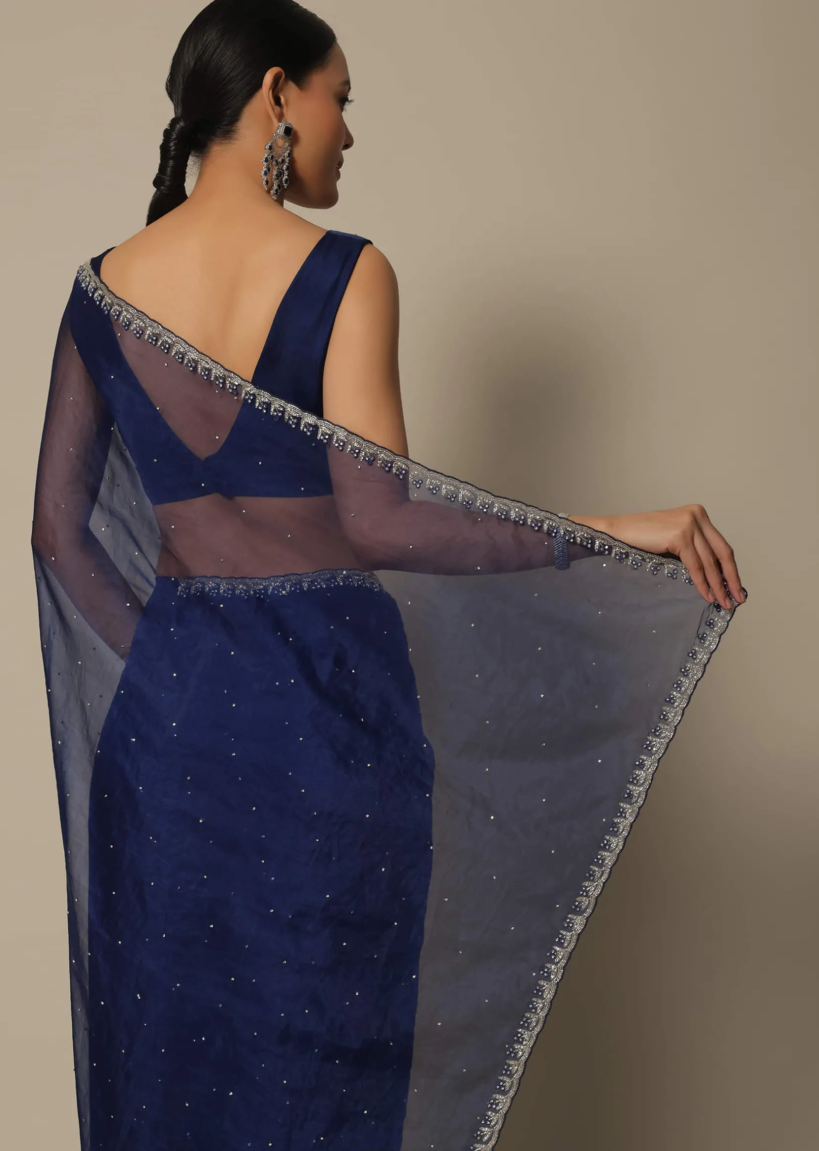 Blue Organza Saree With Stone Work And Unstitched Blouse Piece
