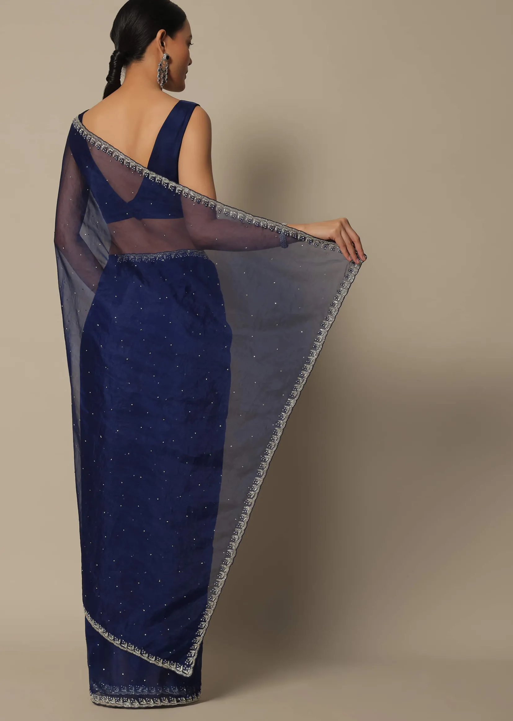 Blue Organza Saree With Stone Work And Unstitched Blouse Piece