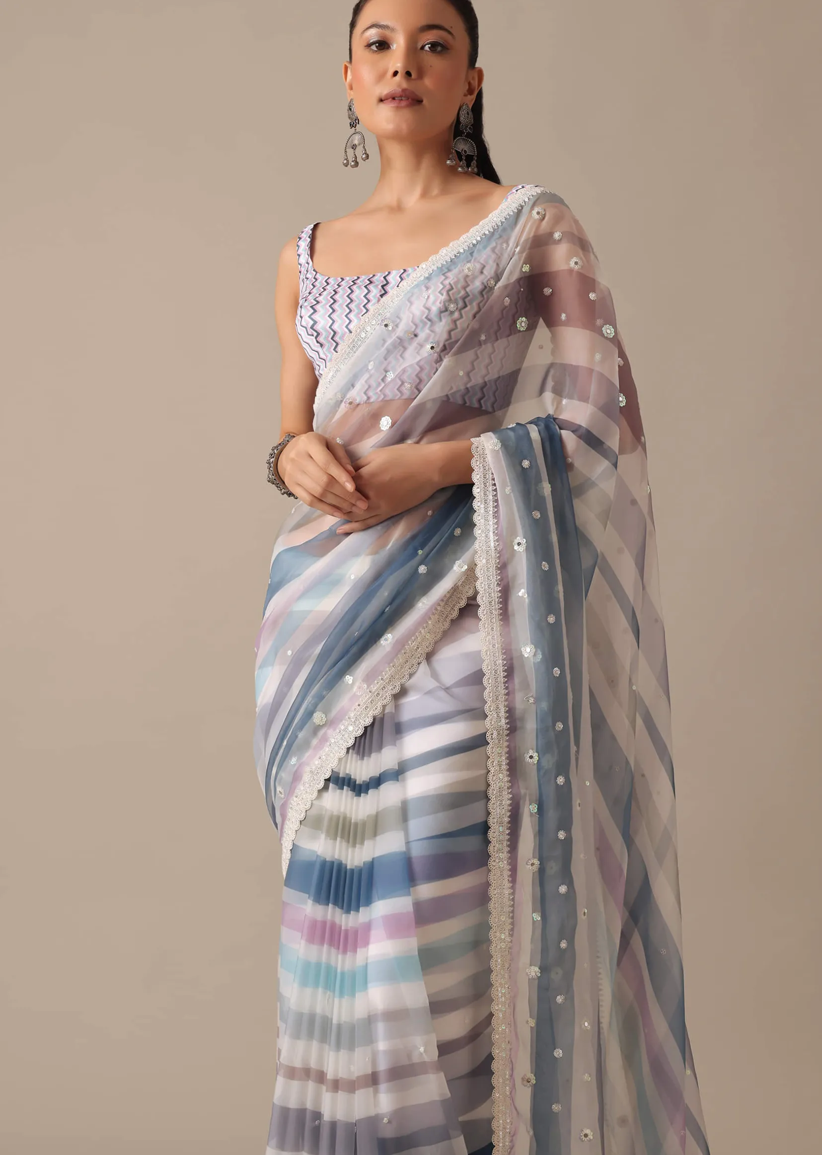 Blue Organza Striped Saree With Mirror Work And Unstitched Blouse Piece