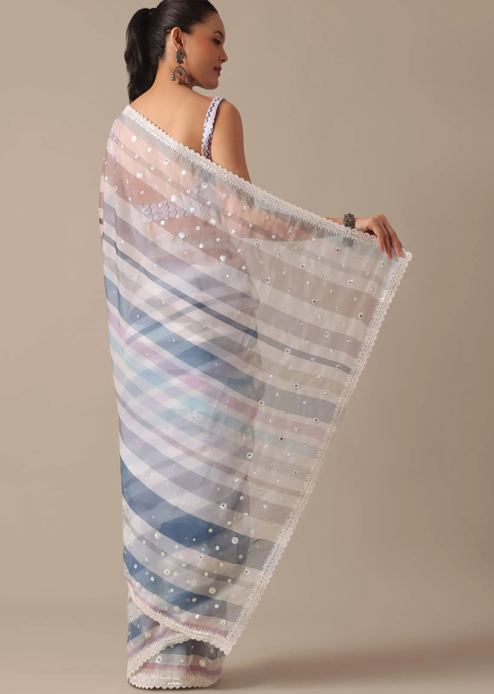 Blue Organza Striped Saree With Mirror Work And Unstitched Blouse Piece