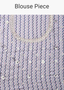 Blue Organza Striped Saree With Mirror Work And Unstitched Blouse Piece